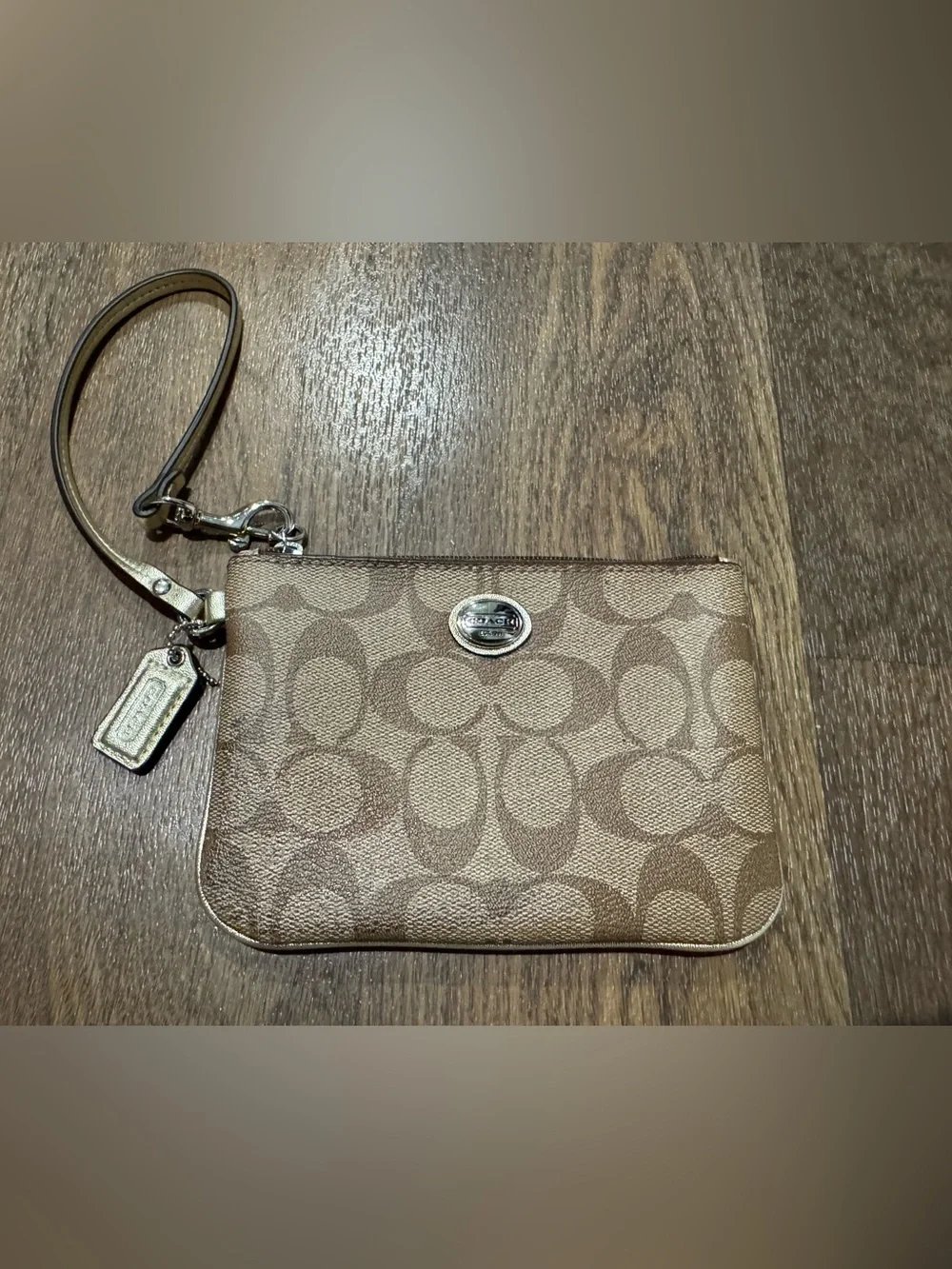 Coach Peyton Signature Small Wristlet Brown Gold Monogram